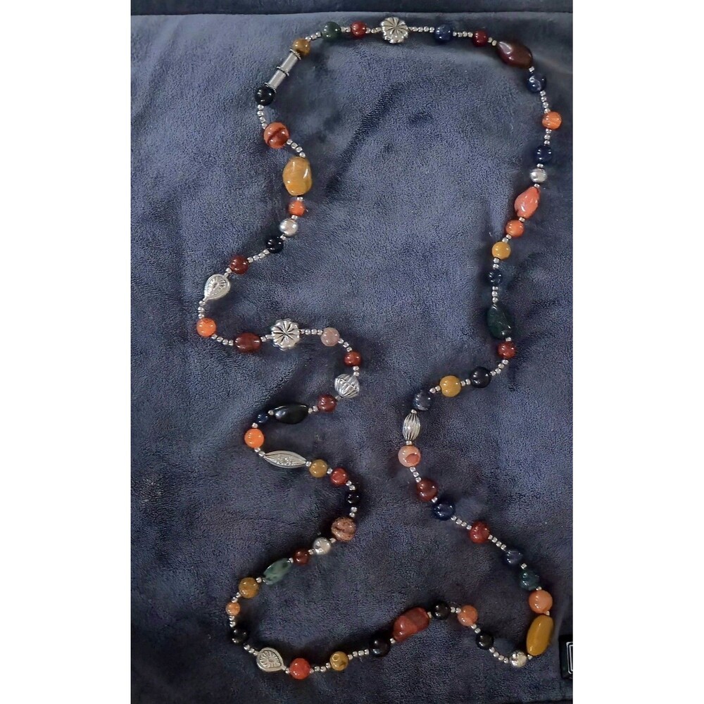 Vtg Semi Precious Stone Beggar Bead Necklace 46" Endless Continuous Opera Long